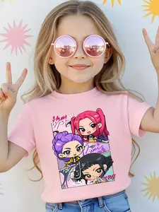Kpop Hunter Girl Cartoon Print Casual Sports Short Sleeve, Comfortable Soft Fabric, Girls Youth Clothing, Kpop Fan Gift