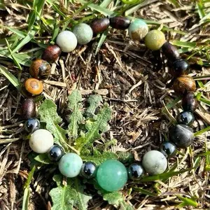 Handmade 6-10mm Beaded Gemstone Bracelet with Amazonite, Aventurine, Tiger's Eye, Hematite & African Wood - Natural Crystal Jewelry Accessory