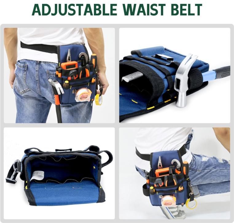 Waist Tool Bag, Construction Tool Belt with Adjustable Strap, Woodworking and Electrician Work Tools Pouch, Small Tool Organizer, Portable Canvas Tool Bag