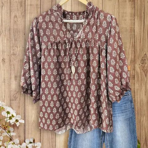 SageVell Charming Vintage Floral Printed V Neck Blouse Women's Cozy 3/4 Sleeve Top Brown/Blue/Terracotta/Green Fabric Medium Cotton Viscose Fitted Shirts Boho Elegant Feminine Jeans Outfit