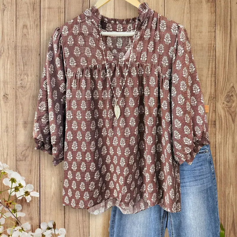 SageVell Charming Vintage Floral Printed V Neck Blouse Women's Cozy 3/4 Sleeve Top Brown/Blue/Terracotta/Green Fabric Medium Cotton Viscose Fitted Shirts Boho Elegant Feminine Jeans Outfit