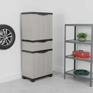 360 stand 57 in. Modern Design Heavy-Duty Polypropylene Utility Cabinet, Adjustable 4-Shutter-Door, Black & Gray, for Garage Shelf Storage, Laundry Room Storage Solutions, Modern Tall Cupboards