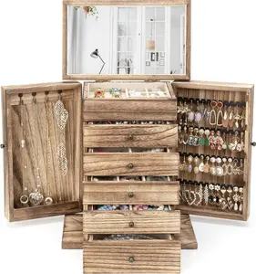 Wooden Jewelry Box for Women, 6-Tier Large Jewelry Organizer Boxes with Mirror Rustic Solid Wood jewlery Storage Display for Rings Earrings Necklaces Bracelets watches(Carbonized Brown)