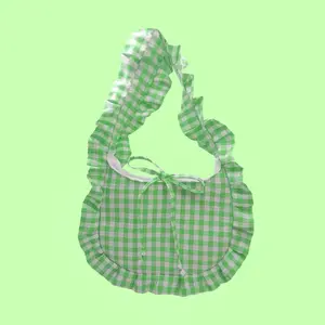 Gingham Ruffle Bag - Green and White Plaid Design with Puffy Sleeves and Ruffled Details
