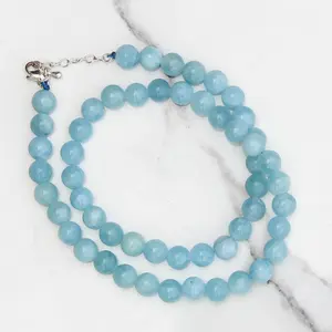 Genuine Aquamarine Beads Necklace / Handcrafted Adjustable Mala Necklace / 8 MM Round Smooth Beaded Necklace Jewelry For Her - AS & JG