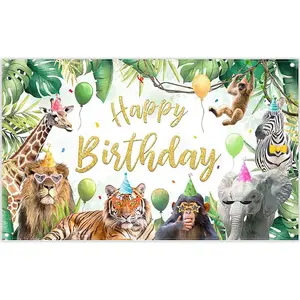 Jungle Animals Photography Backdrop Happy Birthday Safari Tropical Forest Zoo Background Kids Party Decoration Wildlife Photo Banner Booth