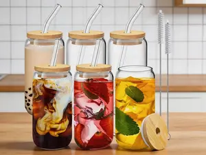 16 Oz Drinking Glasses with Bamboo Lids and Glass Straws – 6-Piece Set | Versatile Glass Cups for Beer, Iced Coffee and More | Stylish Aesthetic Cups, Perfect for Coffee Bar Decor | 2 Cleaning Brushes Included