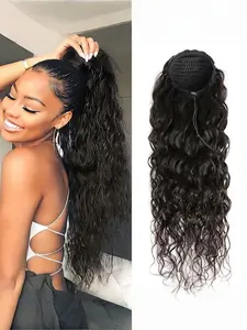 Human Hair Clip-In Water Wave Ponytail Extensions, 100g Curly Clip-On Ponytail Hairpiece, Brazilian Hair for Women, Easy Wrap & Drawstring Design