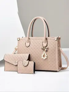 Elegant 3-Piece Handbag Set, Large Capacity Zipper Closure, Stylish Plaid Pattern, Includes Coin Purse & Card Holder, Handbag Wallet Set