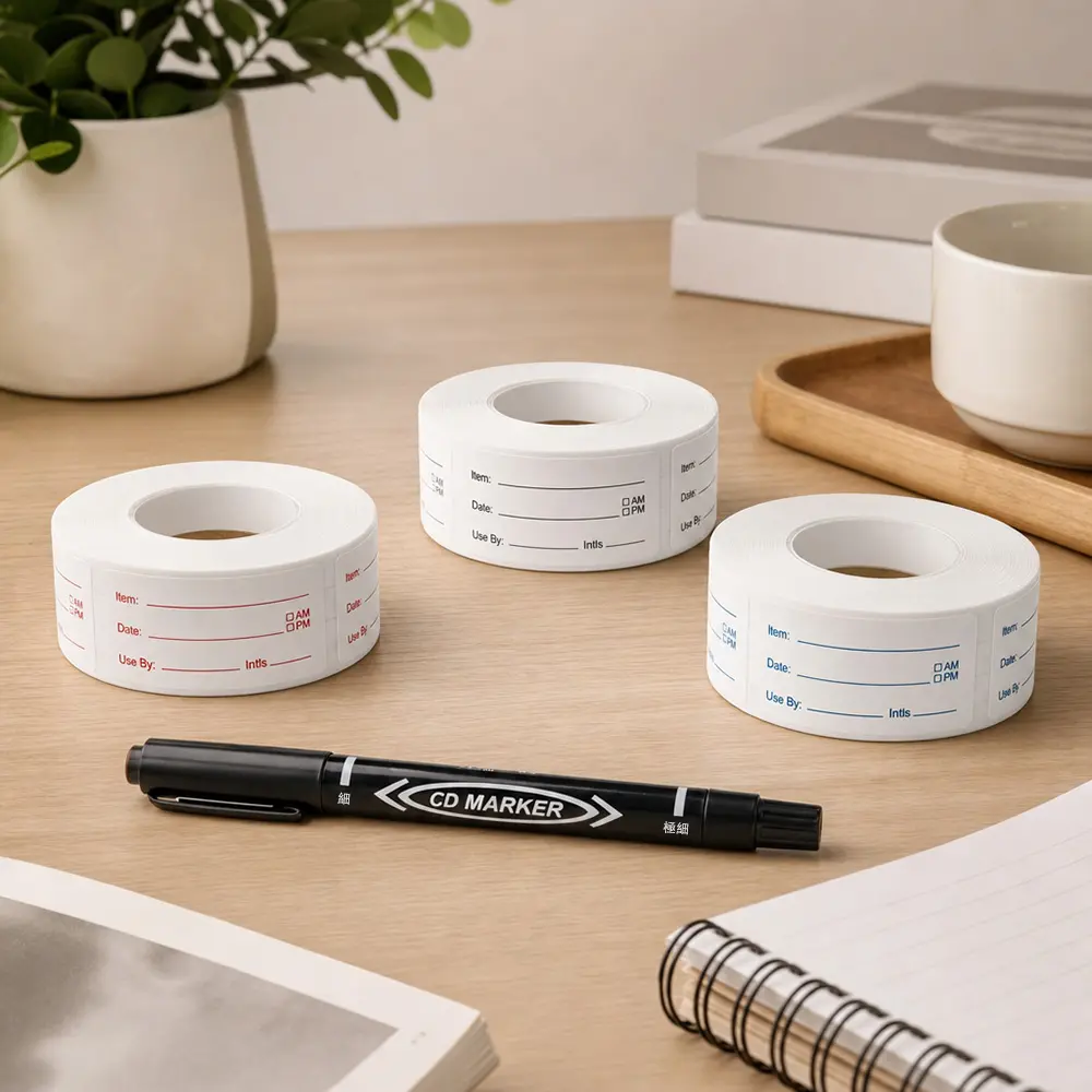 3 Rolls Removable Food Labels, 1500 Date Stickers, 1 x 2 Inch | Writable Blank Space, Self-Adhesive For Dry Containers, Freezer And Fridge Use, Comes with Ballpoint Pen