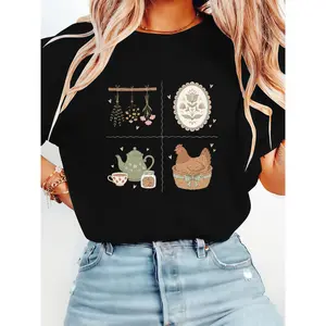 Cottagecore Style Homestead Life T-Shirt – Casual Herb and Chicken Teapot Graphic