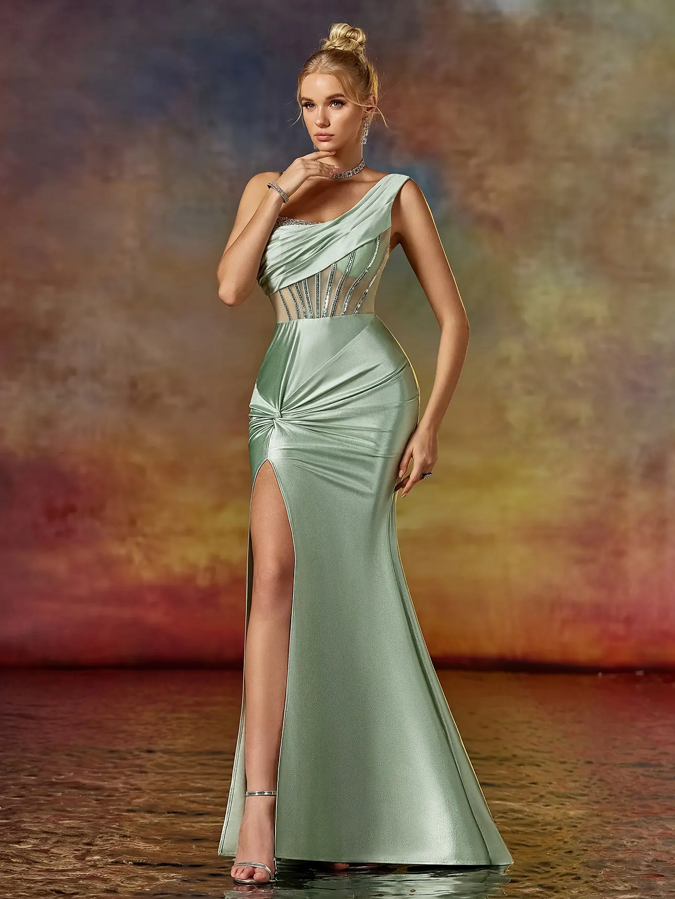 slim fit dress slacks Sexy Spaghett Strap Square Neck Light Olive Green Mermaid Long Prom Dr –  SposaBridal main image 1