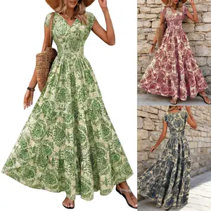 1PCS Women's All Over Print Shirred Dress, Boho Fashion Short Sleeve V Neck Dress for Daily Holiday Vacation Wear, Women Dress for Summer Bohemian Mother's Day gift