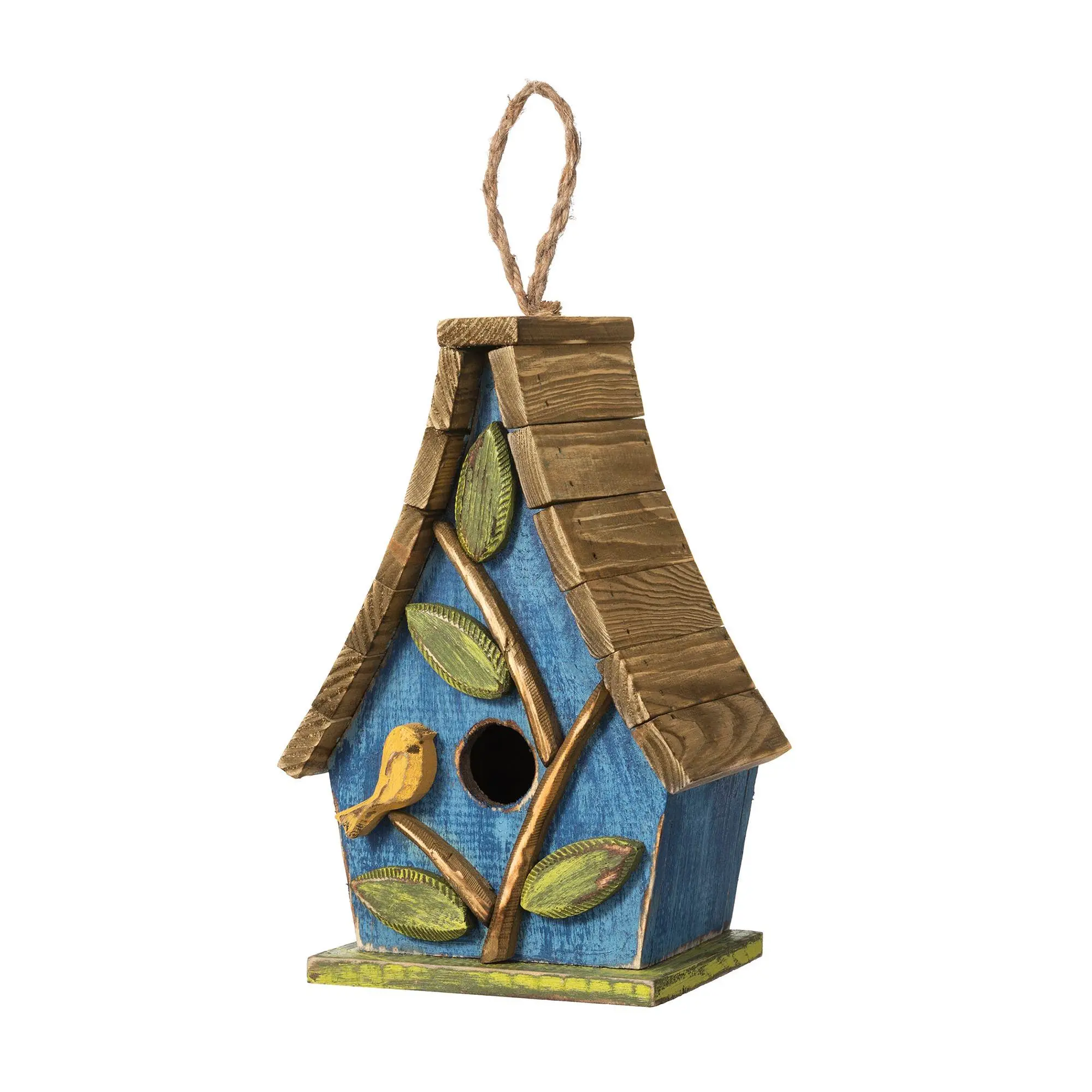 Glitzhome 3D Leaves and Birdie Distressed Wood Birdhouse