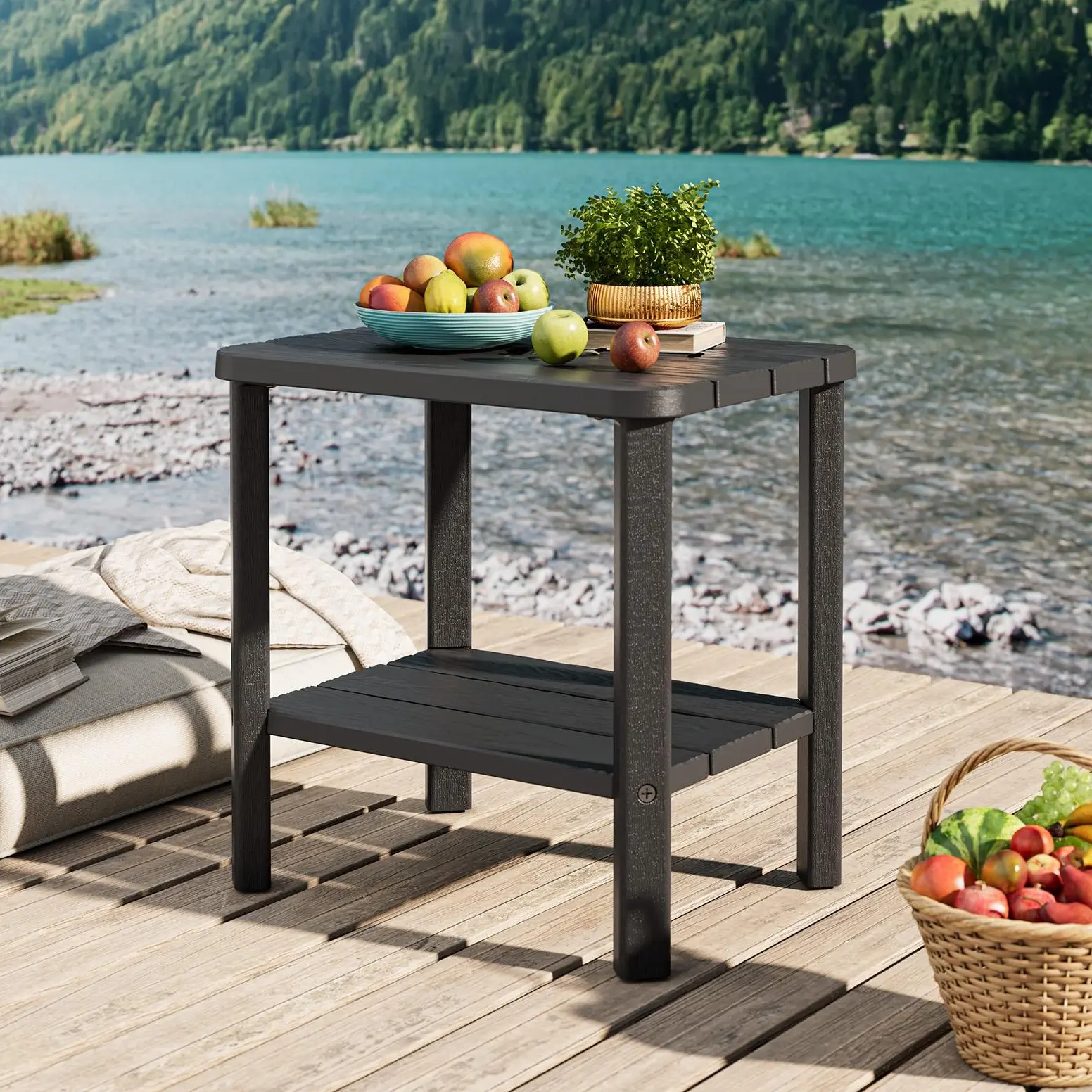 2-Tier Terrace Side Table Black, Weather-Resistant & Easy to Maintain, Suitable for Indoor & Outdoor Bedroom Bathroom Backyard Pool Porch Garden Lawn, Summervibes