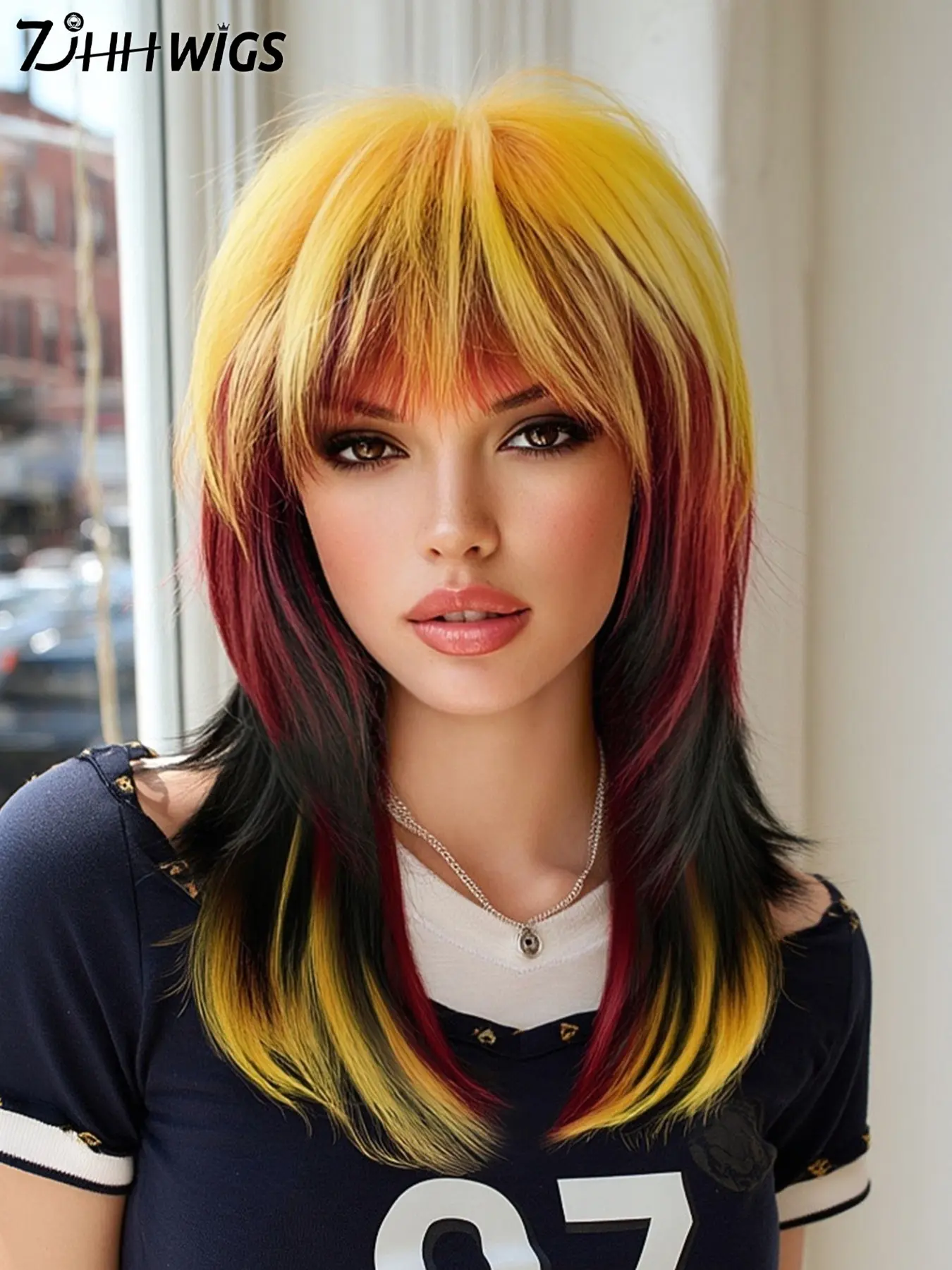 Gold Men Women High Quality Wigs, 20 Inch Medium Long Layered Wig with Bangs, Heat Resistant Synthetic Wig for All Seasons, Layered Cut Wigs