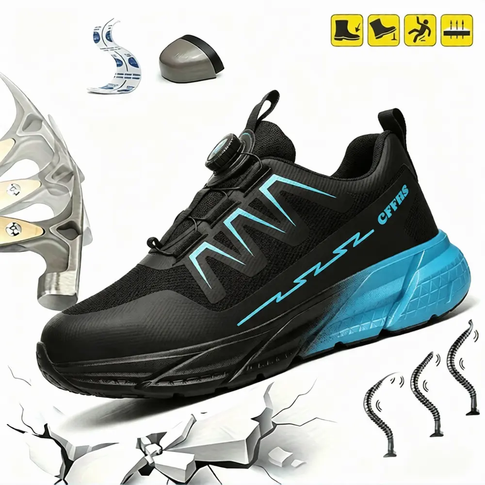 Ladies Breathable Mesh Safety Work Sneakers Rotary Knob Quick Lacing Steel Toe Anti-Smashing Anti-Piercing Non-slip Shock-Absorbing Wear-Resistant Working Footwear