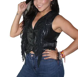 Women's Genuine Soft Lamb Leather Fringes Nice Fitted Vest - Black, Snap Front Closure, Nylon Lined, Classic Form Flattering Design Womenswear Dress