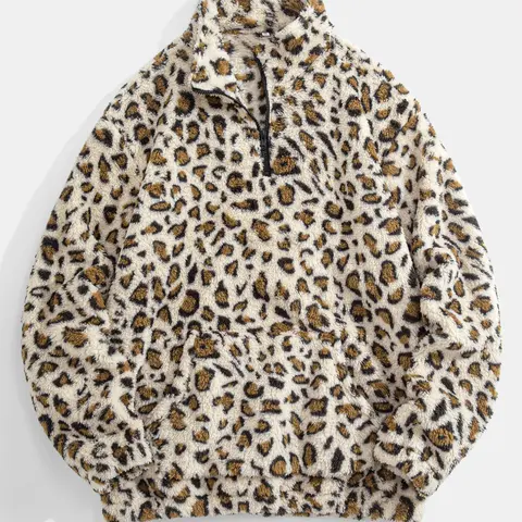 Men's Leopard Print Pocket Half Zip Plush Sweatshirt, Loose Casual Long Sleeve Drop Shoulder Fuzzy Pullover for Winter, Fashion Men's Clothes for Daily Wear, Casual Sweatshirts, Casual Comfy Streetwear