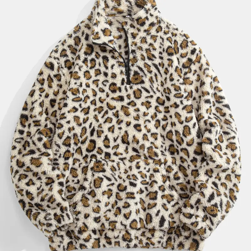 Men's Leopard Print Pocket Half Zip Plush Sweatshirt, Loose Casual Long Sleeve Drop Shoulder Fuzzy Pullover for Winter, Fashion Men's Clothes for Daily Wear, Casual Sweatshirts, Casual Comfy Streetwear