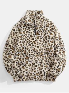 men's leopard print pocket half zip plush sweatshirt, loose casual long sleeve drop shoulder fuzzy pullover for winter, fashion men's clothes for daily wear