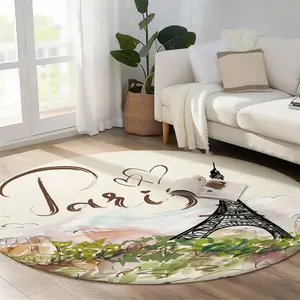1pc Paris Eiffel Tower Pattern Round Rug for Entryway, LivingRoom, Dining Room, Bedroom, Balcony, Study, Machine Washable Round Large Area Rug, Soft Non-slip Floor Mat, Chic Rug for Home Decor