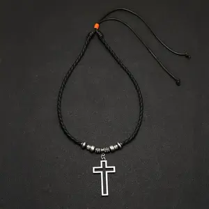 1pc Boho Retro Cross Pendant Necklace, Zinc Alloy Geometric Patterns Faux Leather Beaded Necklace for Daily Party Celebration, Easter Thanksgiving Christmas Gift