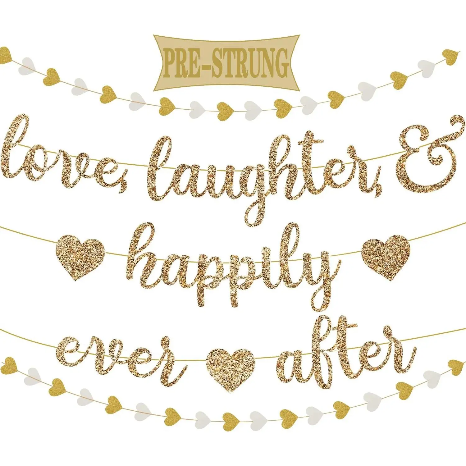 Pre-Strung Gold Glitter "Love Laughter & Happily Ever After" Banner with 13FT Heart Streamers Garland for Wedding Shower, Bachelorette Party Decorations, 13 Feet