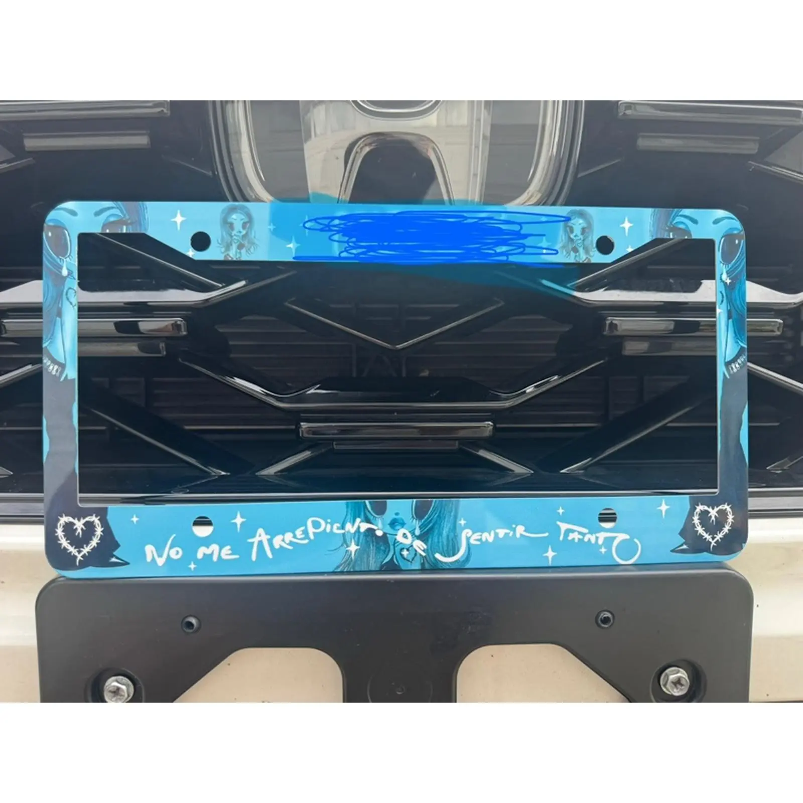 Sentir Tanto Blue License Plate Frame with Heart Design and Text
