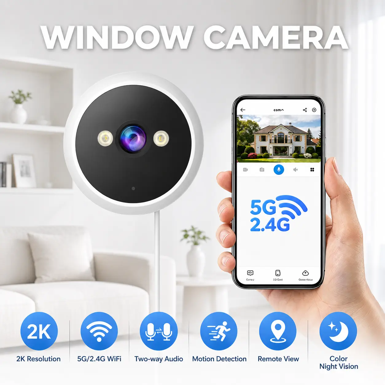 【JOOAN Window Security Camera 2K 5GHz/2.4GHz WiFi】Wireless Glass-Mounted No-Drill Installation, IP66 Waterproof Indoor/Outdoor, Motion & Sound Detection, Real-Time Alerts, Two-Way Audio, 24/7 Recording, Window/Magnetic/Bracket Mounting, Works with Alexa