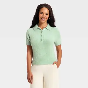 Women's Short Sleeve Polo Collar Fuzzy Polo T-Shirt - A New Day