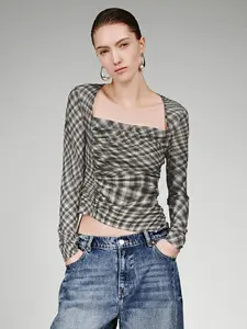 URBAN REVIVO 2026 Spring New Arrival Women's Casual Polyester Fabric Long Sleeve Square Neck Plaid Asymmetric Ruffled Slim-Fit Blouse (UWJ460001)