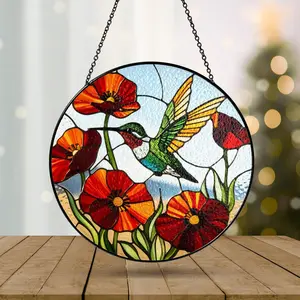 Hummingbird Poppy Flower Stained Glass Suncatcher, Bird Glass Art, Hummingbird Window Hangings, Hummingbird Lover Gift