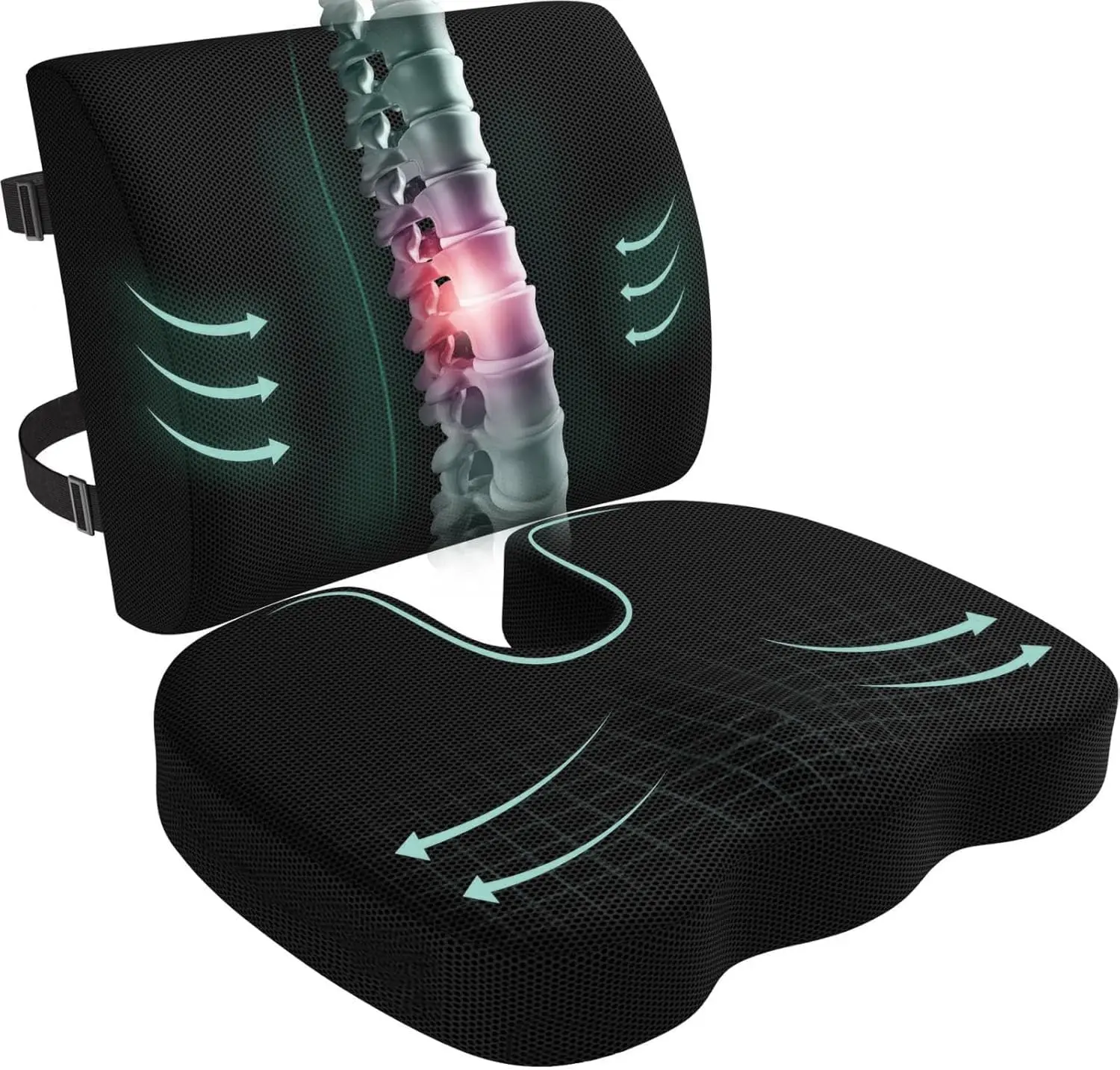 Seat Cushion and Lumbar Support Pillow for Office Chair, Wheelchair, Memory Foam Coccyx Cushion for Sciatica Tailbone Pain Relief, Back Support for Car Chairs, Desk Chair