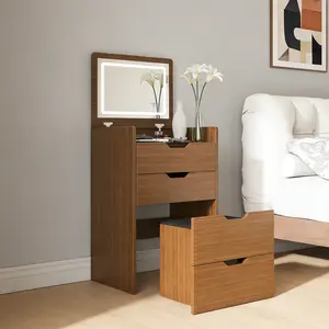 3 in 1 Vanity Desk with Mirror & Stool, Flip Top Compact Makeup Dressing Table Set, 3 Drawers, 18.9" Small Makeup Vanity Set, for Bedroom, Walnut