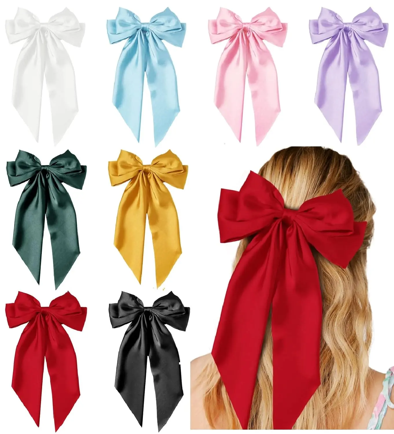 8 Pack Satin Bow Hair Clips for Women & Girls, Oversized Hair Bows with Long Tails, Cute Ribbon Hair Accessories for Long Hair, Party & Everyday Styling