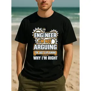 merch shirts Men's Mechanical Engineer Themed T-Shirt - Technical Diagram & Gears Print, Breathable 100% Cotton Casual Short Sleeve Shirt for Engineers, for all-Season Fit