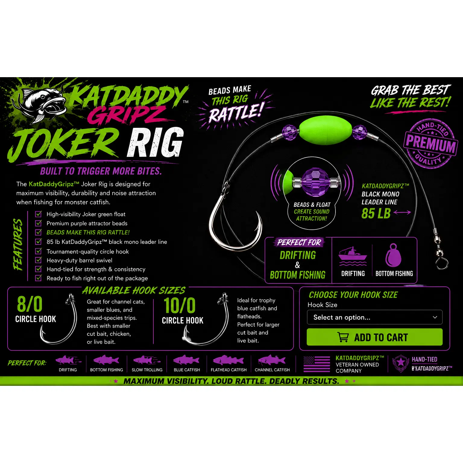 KatDaddyGripz Joker Rig 85 LB Black Mono Leader Line with Beads for Drifting & Bottom Fishing Maximum Visibility Loud Rattle Deadley Results