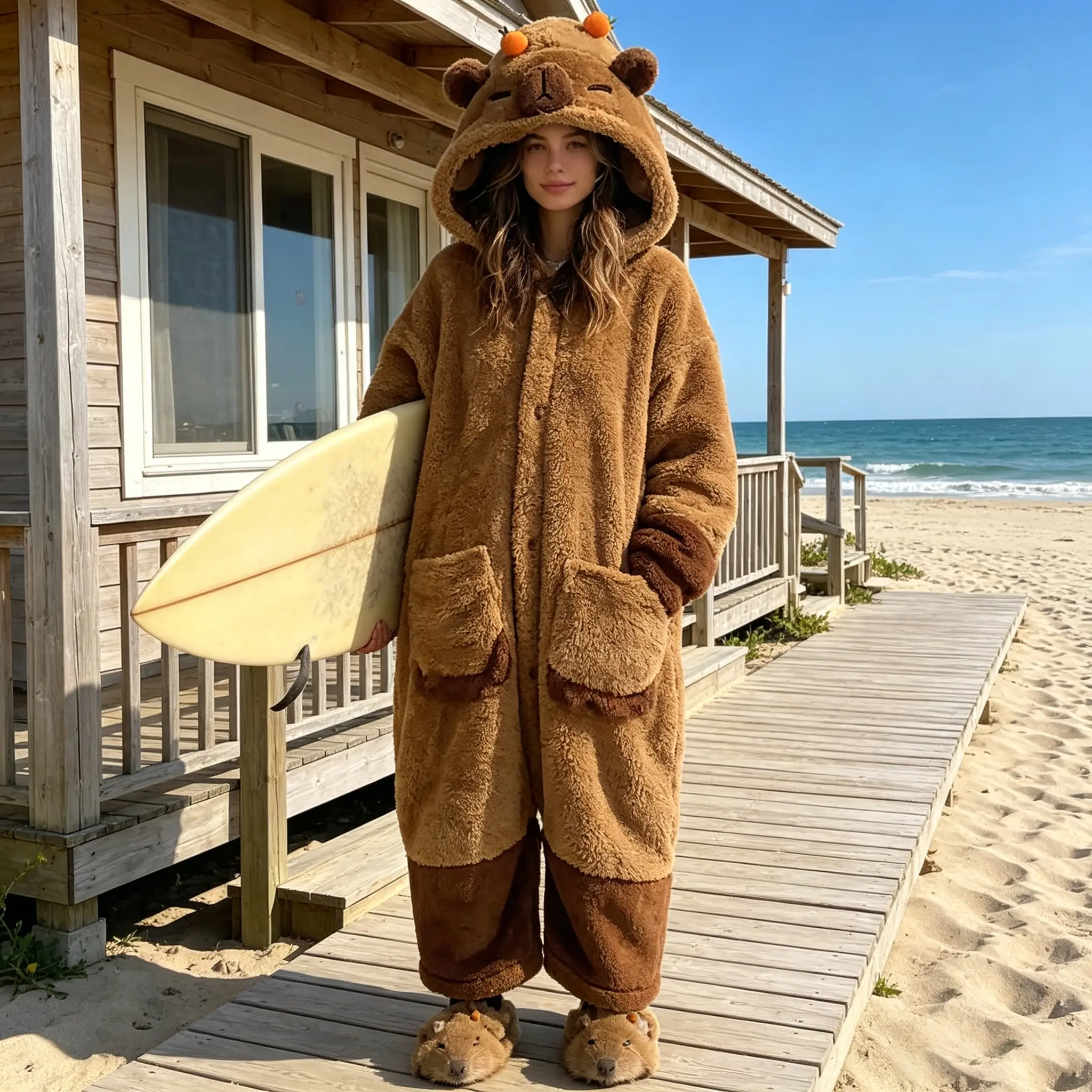 Women's Capybara Fleece Onesie, Cute Animal Hooded Loungewear, Oversized Novelty Jumpsuit & Cozy Surf Blanket Outfit