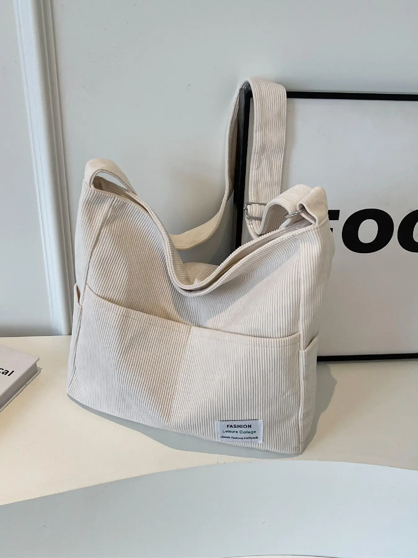 Women's Casual Letter Label Decor Corduroy Tote Bag, Large Capacity Shoulder Bag for Daily Used, Basic Simple School Bag, Canvas Tote Bags for Work Co