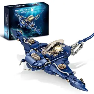Jeamoc Mechanical Manta Ray DIY Model Kit - 689 Piece Ocean Creature Building Block Set with Lights & Stand for Realistic Fish Tank Decor