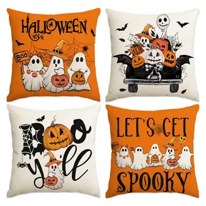 4pcs Halloween Pillow Cover, Boo Pumpkin Pillowcase, Halloween Sofa Cushion Cover, Suitable for Room, Bedroom, Living Room, Home Sofa Decoration, Halloween Decorations,(No pillow core)