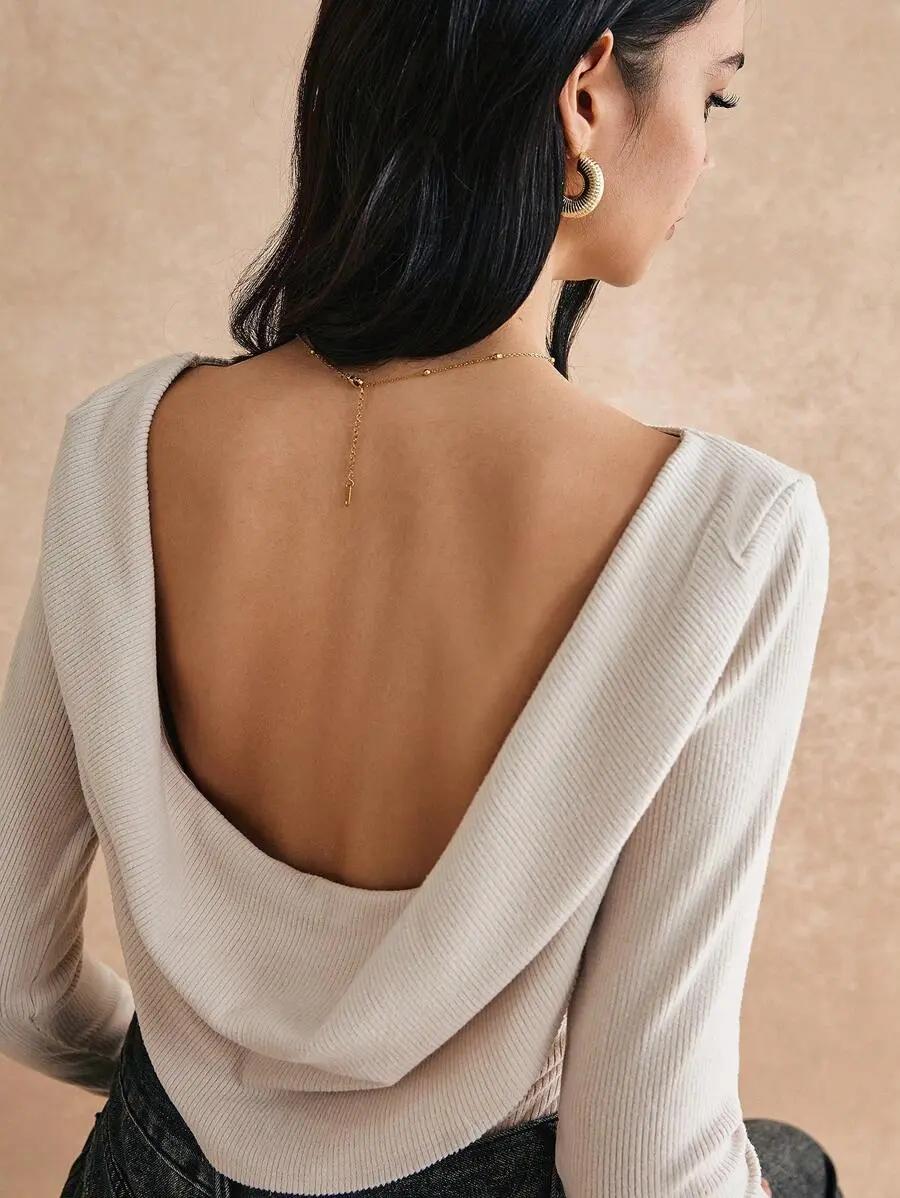 Women's Knitted Backless Longsleeve Top - Poeselle Basic Solid Color Viscose Knitwear, Chic, Sexy, Cozy, Stretchy, Flattering Fit, Short Length, Fall/Winter Minimalist Essential, FW24