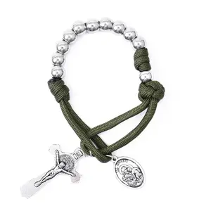 Olive Military One Decade Rosary Silver Beads Pocket Car Rosary Pray For Us St. Joseph Medal & Cross