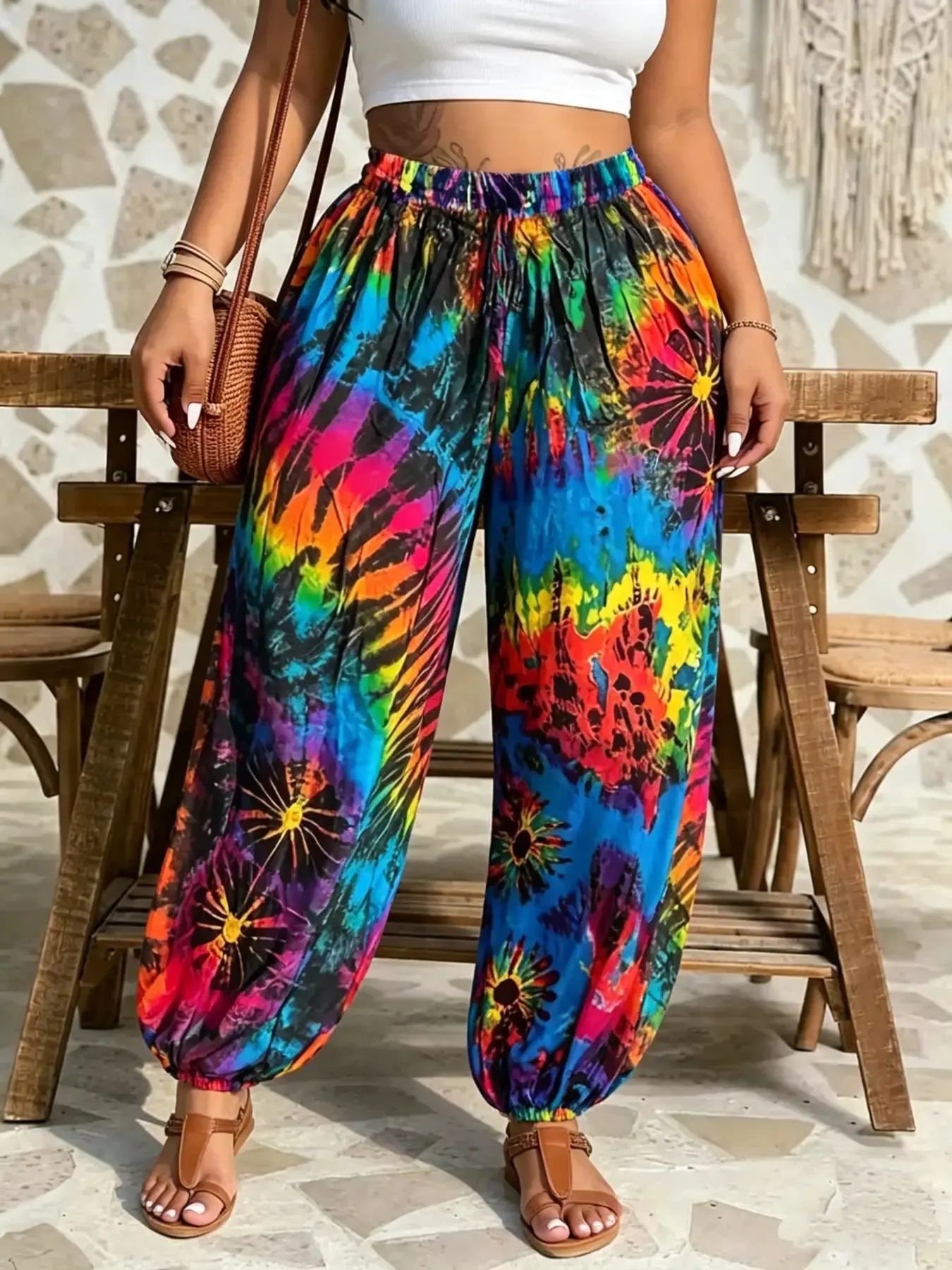 Plus Size Tie-Dye Adjustable Drawstring Elastic Harem Pants with Pockets, Casual Loose Fit Baggy Trousers, Y2K Summer Daily Wear, Trendy Boho Bohemian Bottoms, Comfortable Relaxed Fit, Stylish Vibrant Pattern Party Casual Wear