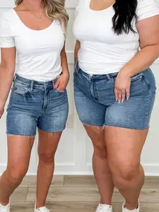 Judy Blue Zoey High-Rise Denim Shorts - Medium Wash Raw Hem Non-Distressed Soft Stretchy Womenswear Bottom