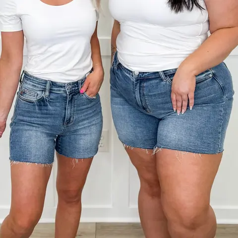 Judy Blue Zoey High-Rise Denim Shorts - Medium Wash Raw Hem Non-Distressed Soft Stretchy Womenswear Bottom