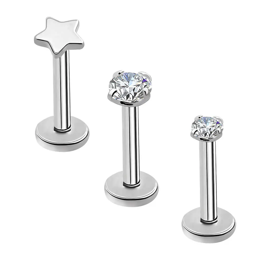 Oufer 3PCS 16G Titanium Internally Threaded Star/CZ Gems Labret Cartilage Studs
