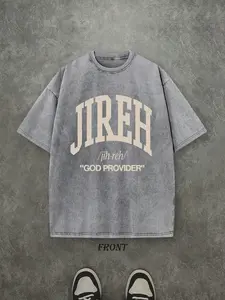 Christian Faith T-Shirt, 230g Pure Cotton Retro Washed Top, JIREH Letter Pattern Print, Men's Fashion Street Style Casual Short Sleeve