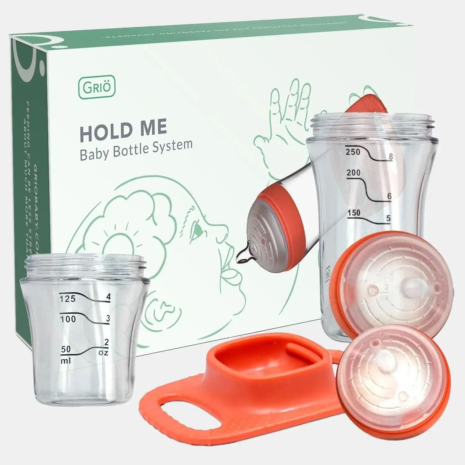 Griö Hold Me Baby Bottle System for Independent Feeding Baby Bottle, each kit includes 8 oz and 4 oz bottle, and 1 set of RF and SF nipples newborn bottles
